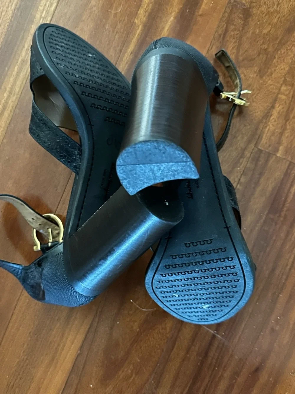 Salvatore Ferragamo Black Suede Platform Sandals with Gold Buckles